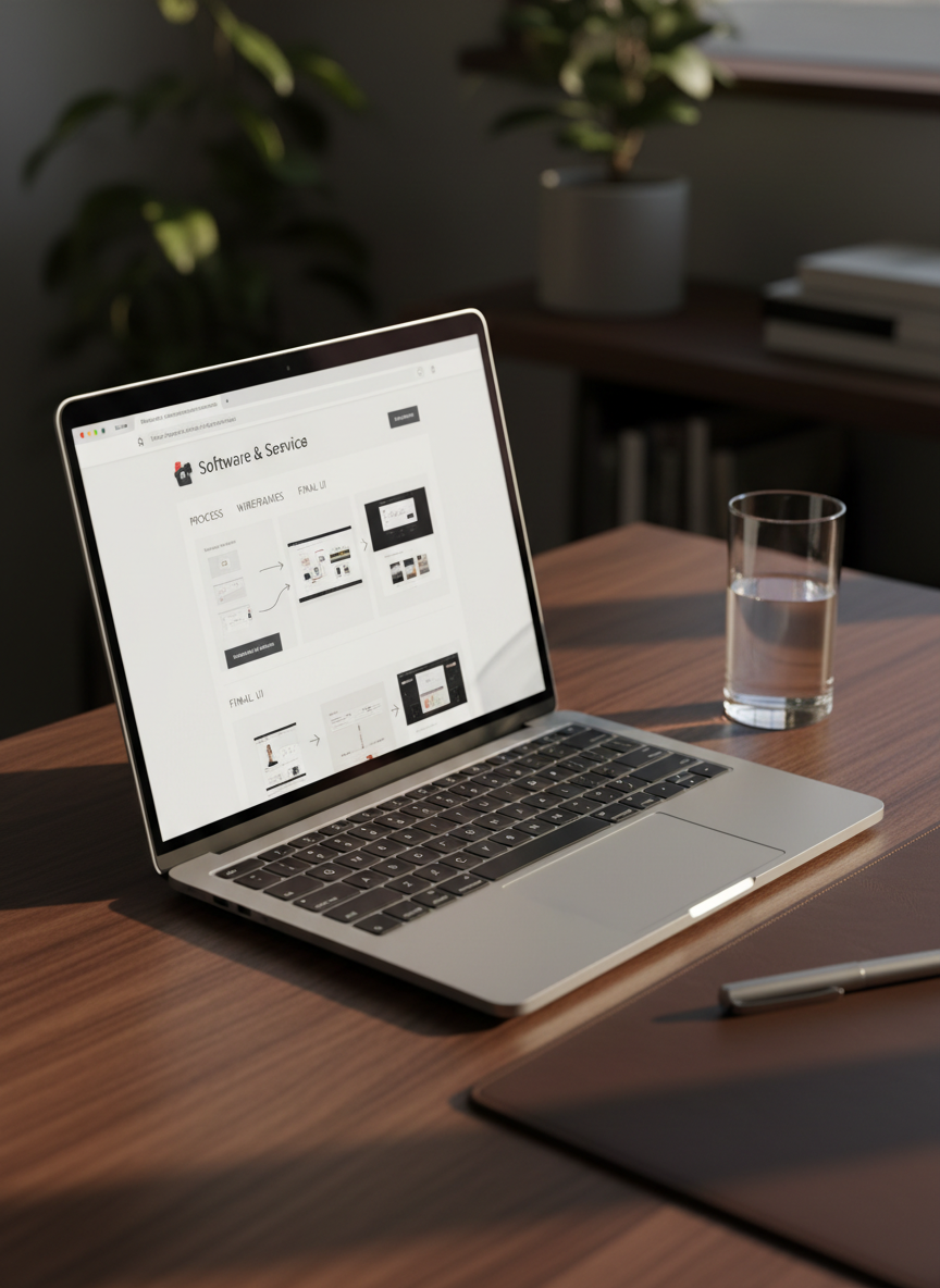 A close-up, side-angle shot of a high-resolution laptop on a walnut desktop, its screen filled with a detailed web design case study for a modern SaaS website. The interface shows annotated UI elements, a sticky navigation bar, and elegant typography describing “Process, Wireframes, Final UI.” Next to the laptop, a slim glass of water and a brushed steel pen rest on a leather desk pad, adding textural contrast. Late afternoon natural light enters from the left, casting long, soft shadows and a warm, focused glow across the keyboard and trackpad. The composition uses the rule of thirds, with the laptop slightly off-center and the background gently blurred. The mood is focused, polished, and methodical, highlighting photographic realism and a refined, professional tone.