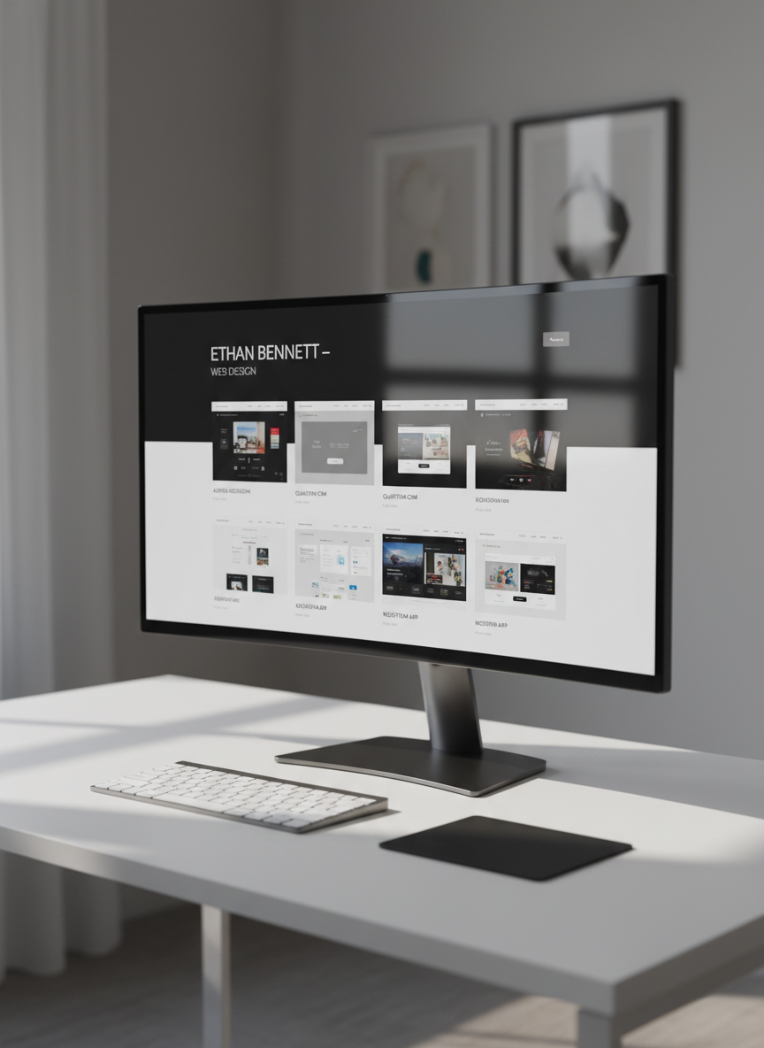 A sleek, ultra-wide computer monitor displaying a meticulously crafted web design portfolio homepage, featuring a bold “Ethan Bennett – Web Design” hero section with clean typography and a refined grid of project thumbnails. The monitor rests on a minimalist white desk with a brushed aluminum finish keyboard and a slim black trackpad. Soft daylight from an unseen window washes across the scene, creating subtle reflections on the screen and gentle shadows behind the objects. Shot at eye level with a shallow depth of field, the background fades into a softly blurred studio wall with muted gray tones. The mood is professional, calm, and confident, emphasizing photographic realism and a clean, modern aesthetic suitable for a design portfolio landing page.