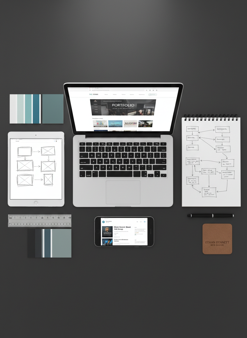 A carefully arranged flat lay of web design tools on a dark charcoal desk surface, featuring an open laptop showing a responsive portfolio layout, a tablet with wireframe sketches, and a smartphone previewing a project case study. Around them lie neatly aligned color swatch cards, a metal ruler, and a notebook open to precise sitemap diagrams drawn in fine black ink. Overhead softbox lighting produces even, low-contrast illumination with subtle highlights on metal edges and matte reflections on the screens. The composition follows a balanced grid from a bird’s-eye view, with sharp focus throughout to emphasize order and clarity. The atmosphere feels deliberate, organized, and highly professional, representing the structured process behind Ethan Bennett’s web design work in photographic realism.