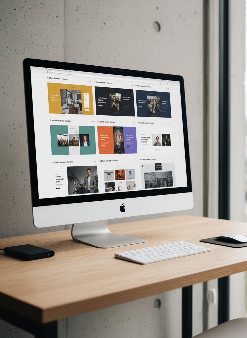 An ultra-clean workspace featuring a large, high-end desktop computer displaying a grid of different website homepages from Ethan Bennett’s portfolio, each with distinct color palettes and layouts. The computer sits on a light oak desk with a subtle natural grain, accompanied only by a wireless keyboard and a small, matte-black external SSD drive. Behind, a light concrete-textured wall adds understated depth without distraction. Diffused overcast daylight enters from the right, creating soft, even lighting with minimal shadows, reinforcing a calm and orderly atmosphere. Shot from a slightly elevated three-quarter angle with moderate depth of field, the screen content remains crisp while the edges of the desk gently soften. The style is photographic realism with a minimalist, contemporary aesthetic that communicates versatility and professionalism in web design.